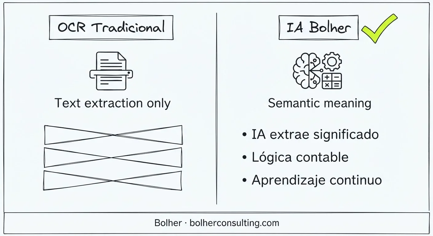 Comparativa técnica entre OCR tradicional y procesamiento con IA semántica.