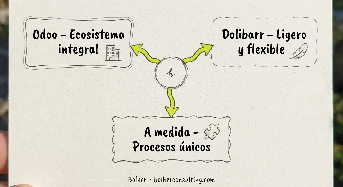 Comparativa visual entre Odoo, Dolibarr y desarrollo a medida para pymes.