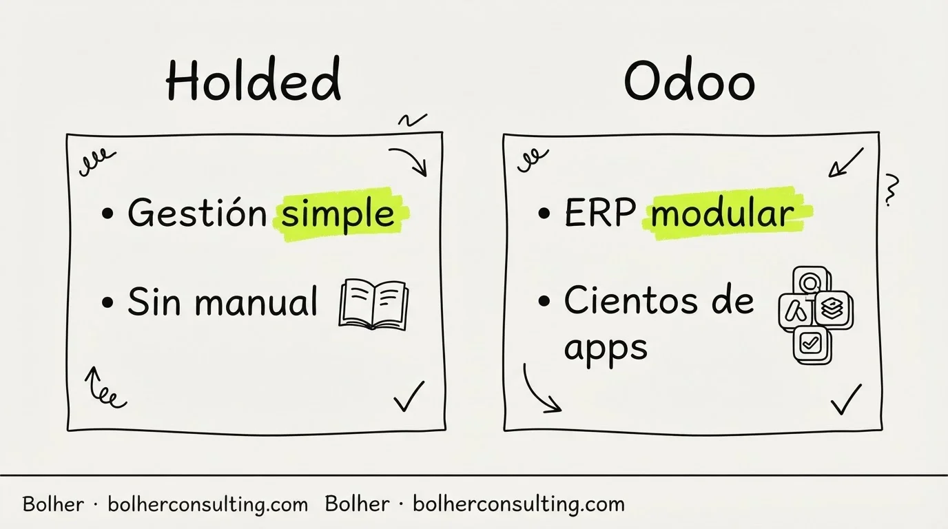 Infografía comparativa de funciones: Holded para gestión simple vs Odoo para ERP modular complejo