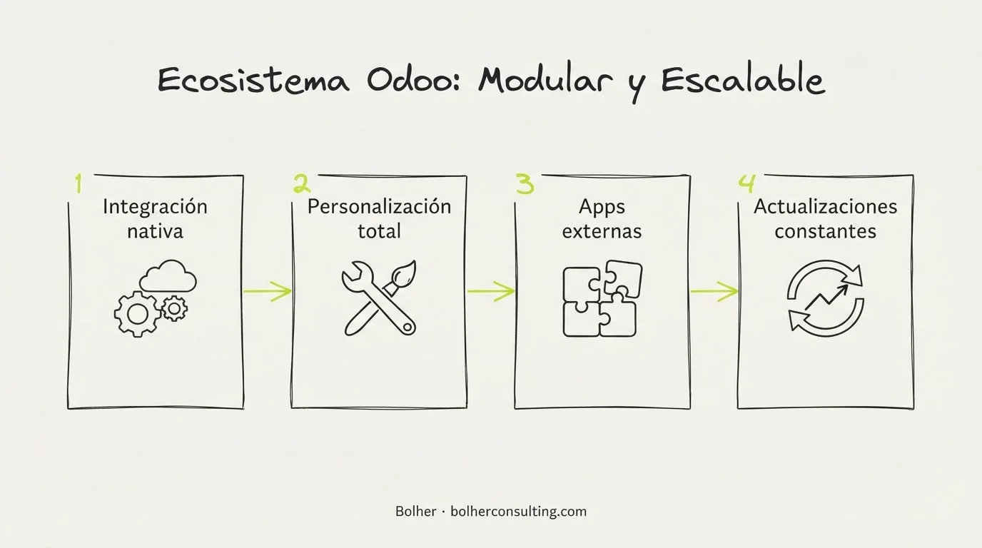 Infografía de los beneficios de Odoo: integración modular, personalización y ecosistema de aplicaciones para pymes.