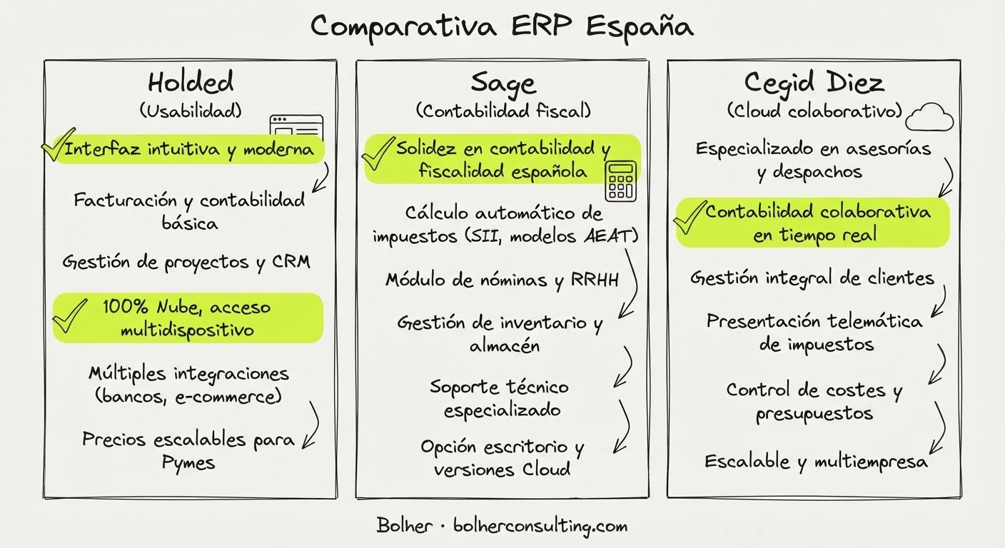 Comparativa visual de ERPs: Holded, Sage y Cegid Diez destacando sus fortalezas principales para pymes.