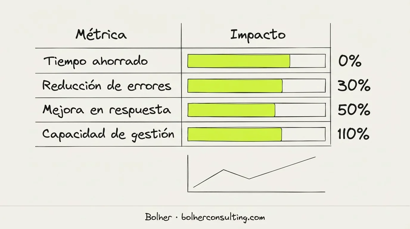 Métricas de éxito para proyectos de consultoría de IA: ahorro de tiempo y reducción de errores.