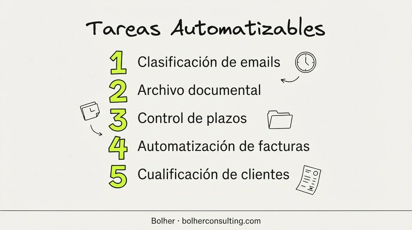 Lista de tareas automatizables en el despacho jurídico: email, facturas, plazos y archivo.