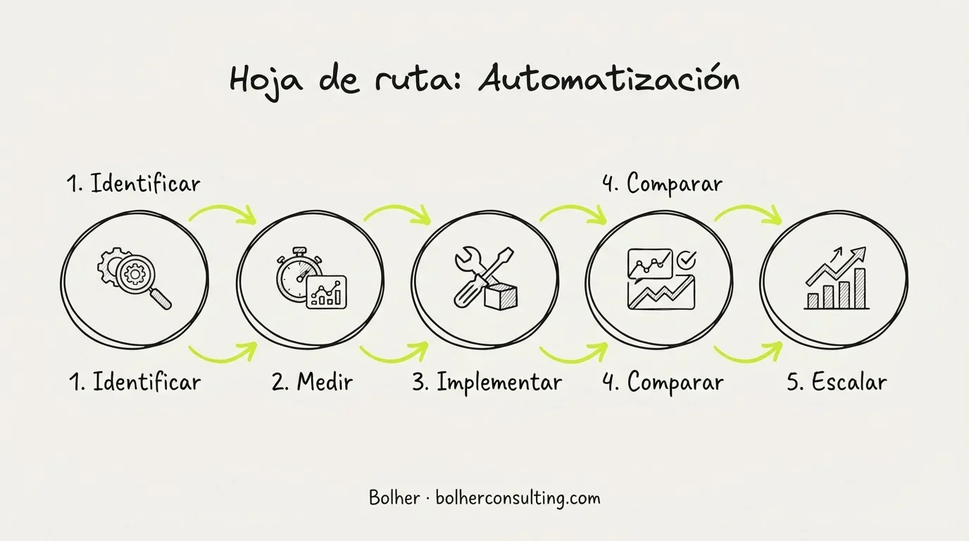 Pasos para implementar automatización: identificar, medir, implementar, comparar y escalar.